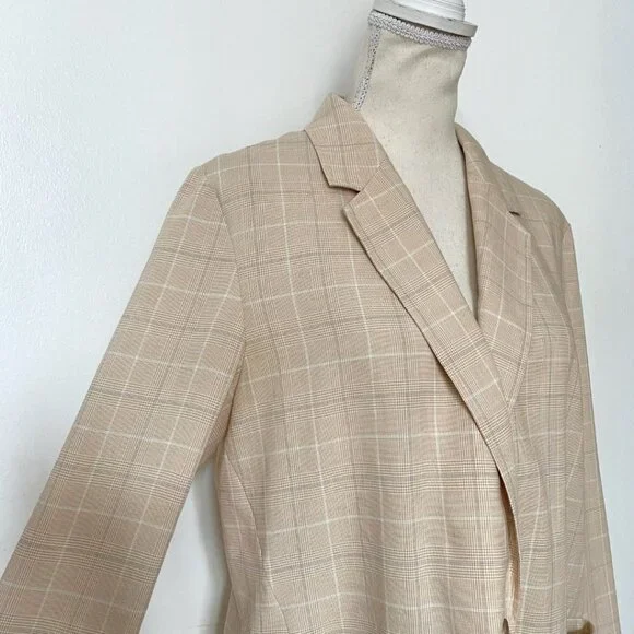 UNIQLO WOMEN'S LIGHT BEIGE WHITE BLUE PLAID SINGLE BREASTED SLOUCHY BLAZER - M - Picture 4 of 10